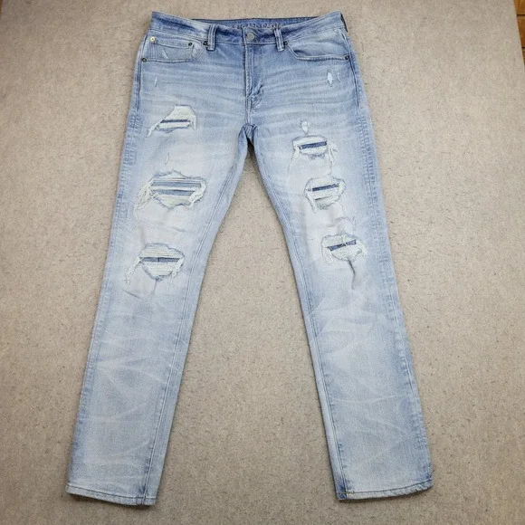 American Eagle Next Level Airflex Slim Jeans Mens 34x32 Distressed Light Wash - Picture 1 of 12